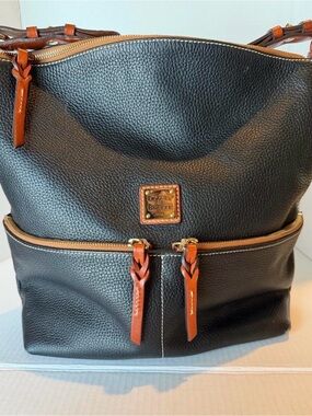 Dooney & Bourke Black Pebbled Leather Tote with Cognac Trim